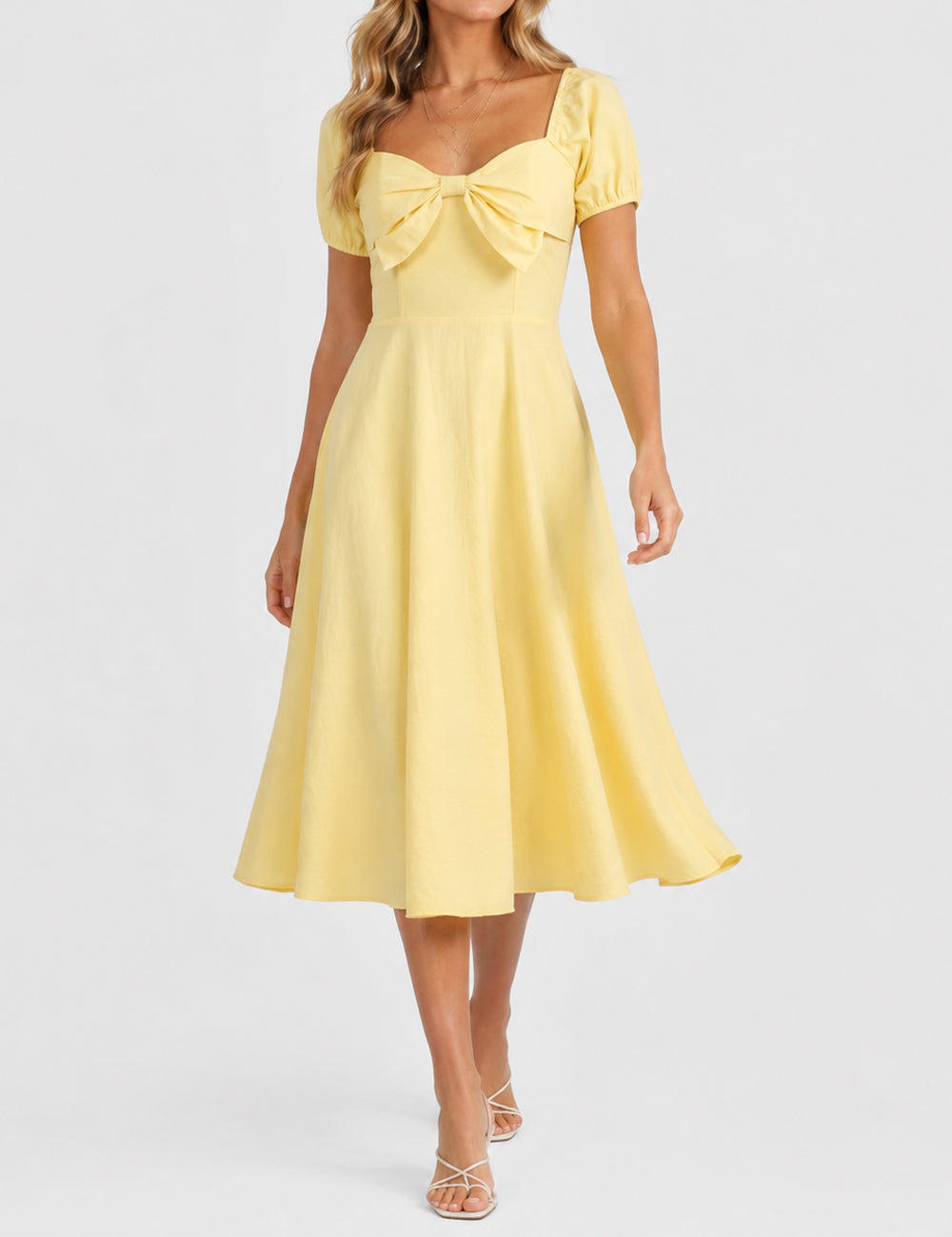 Ladies Bow Square Neck Solid Color Short Sleeves Midi Dress