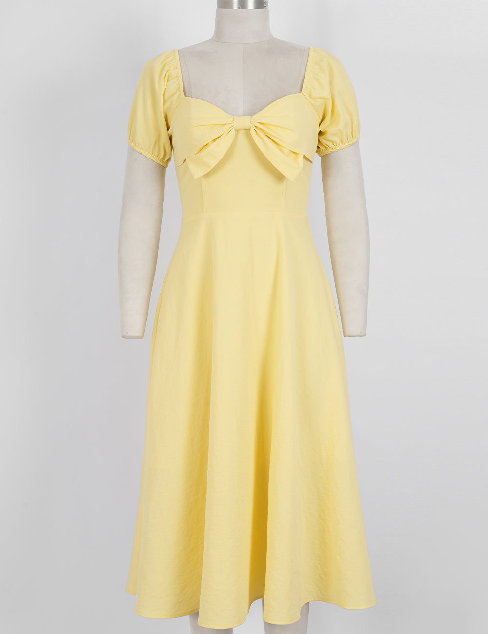 Ladies Bow Square Neck Solid Color Short Sleeves Midi Dress