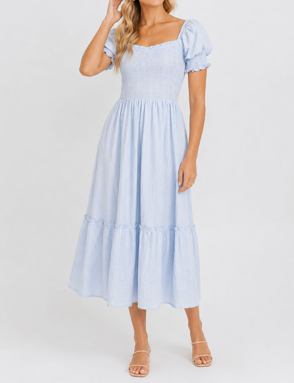 Ladies Romantic Dobby Textured Puff Sleeves Smocked Midi Dress