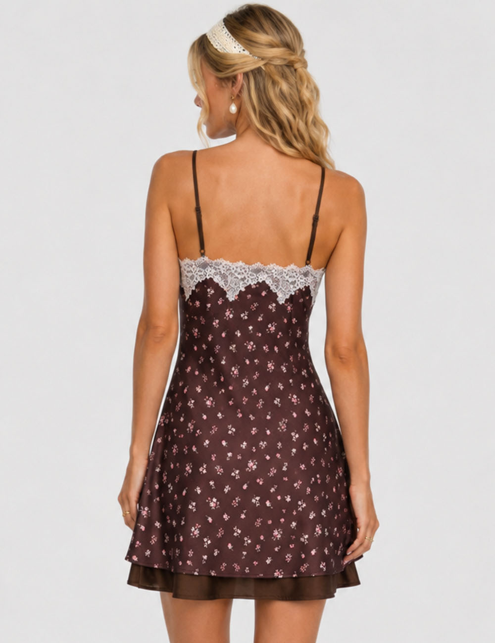 Ladies Reversible Floral Print Lace Trim Spaghetti Strap Mini Dress