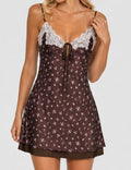 Ladies Reversible Floral Print Lace Trim Spaghetti Strap Mini Dress