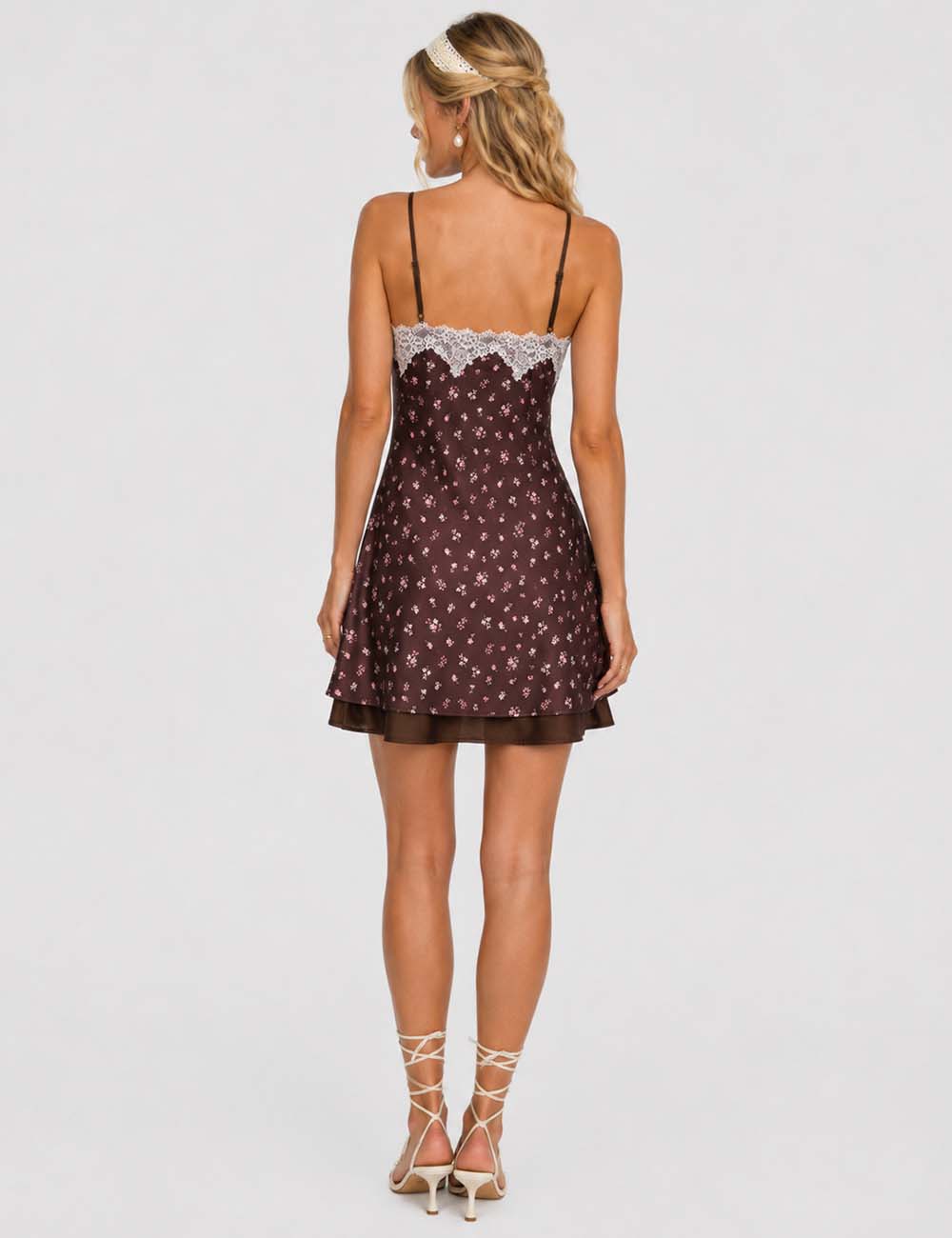 Ladies Reversible Floral Print Lace Trim Spaghetti Strap Mini Dress