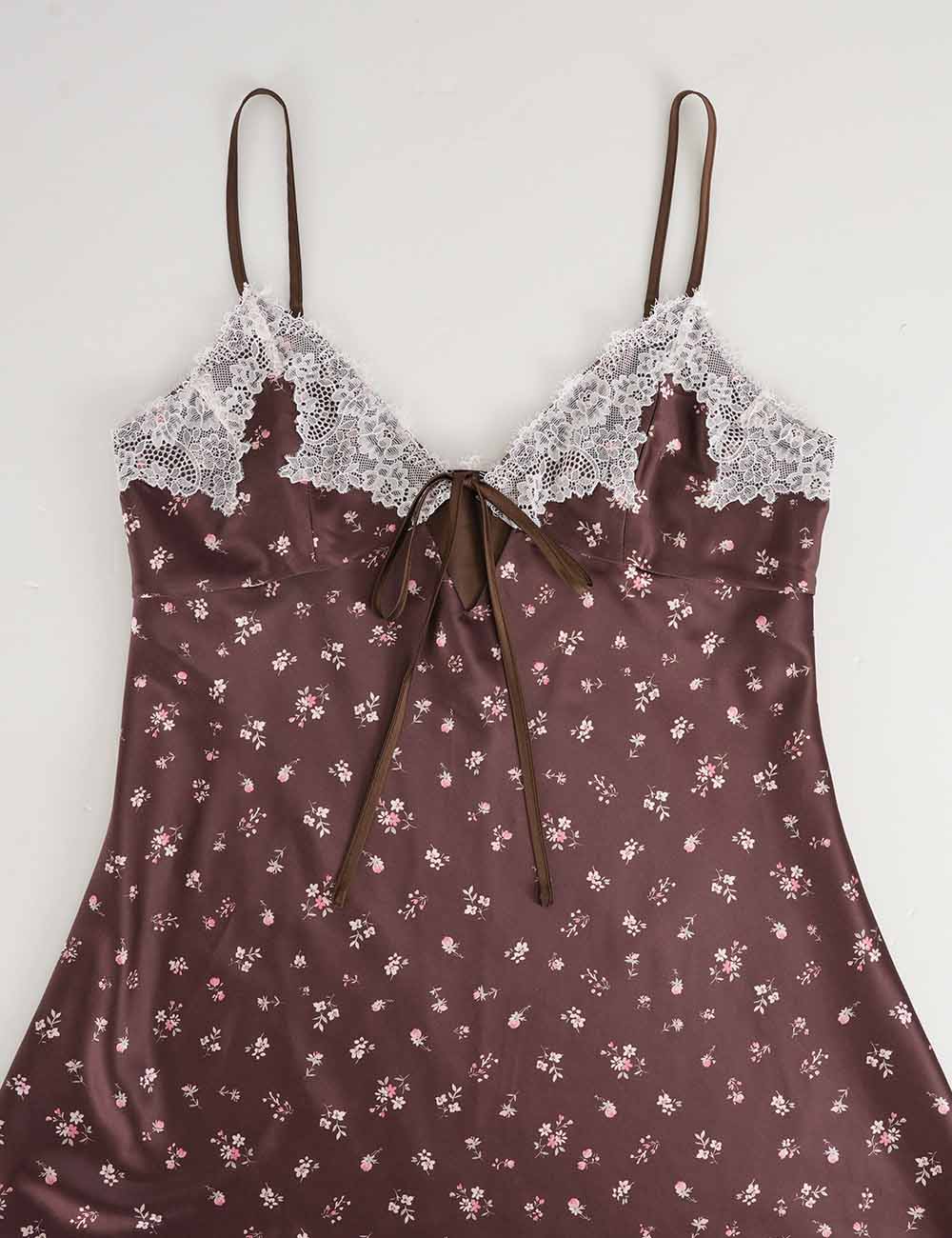 Ladies Reversible Floral Print Lace Trim Spaghetti Strap Mini Dress