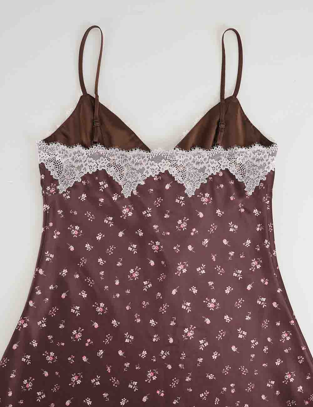Ladies Reversible Floral Print Lace Trim Spaghetti Strap Mini Dress