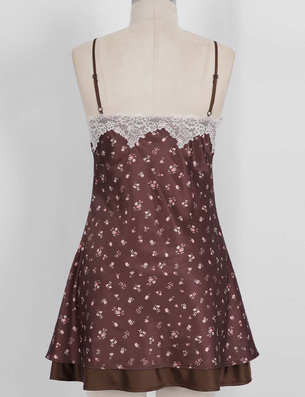Ladies Reversible Floral Print Lace Trim Spaghetti Strap Mini Dress