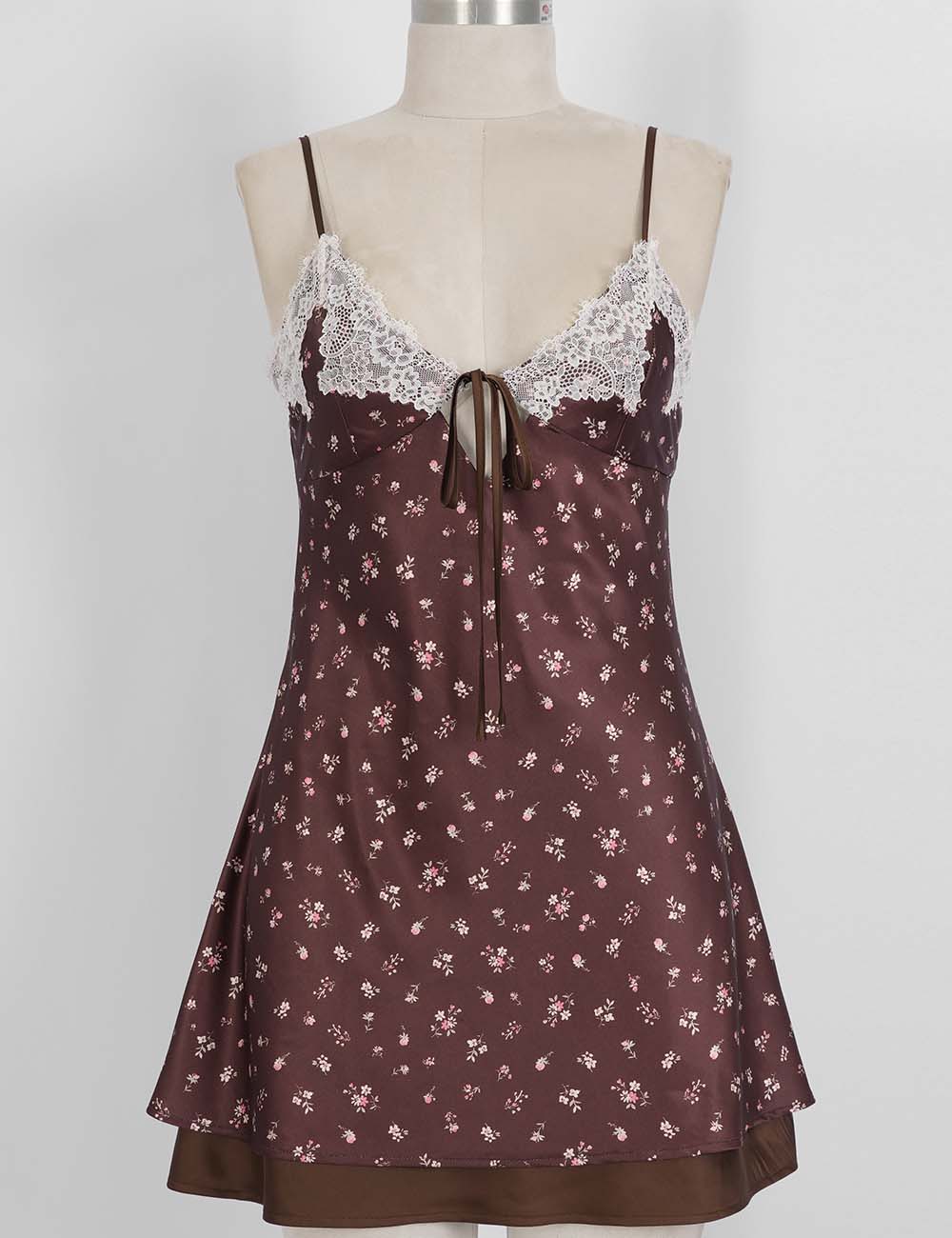 Ladies Reversible Floral Print Lace Trim Spaghetti Strap Mini Dress