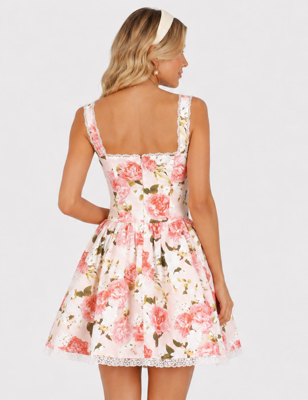 Ladies Lace Trim Floral Print Sweetheart Neck Mini Dress