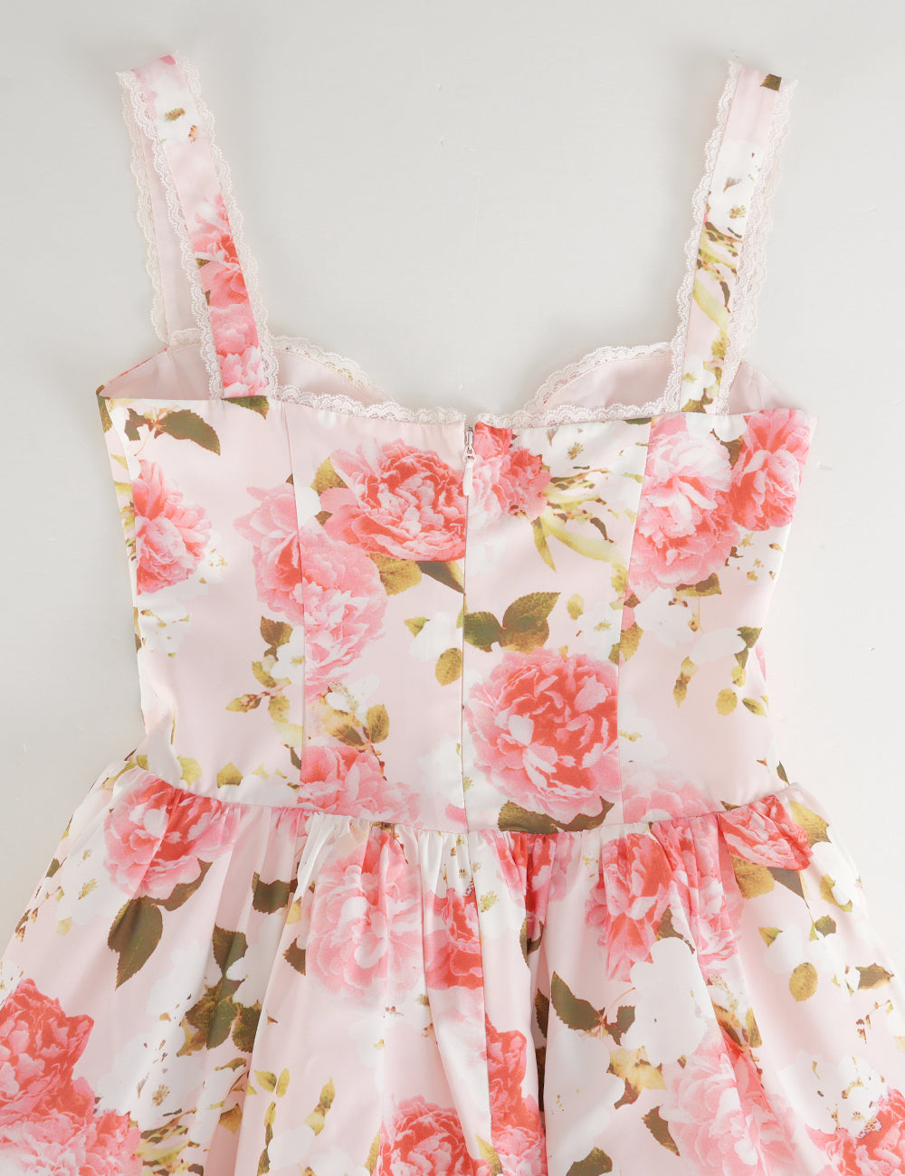 Ladies Lace Trim Floral Print Sweetheart Neck Mini Dress