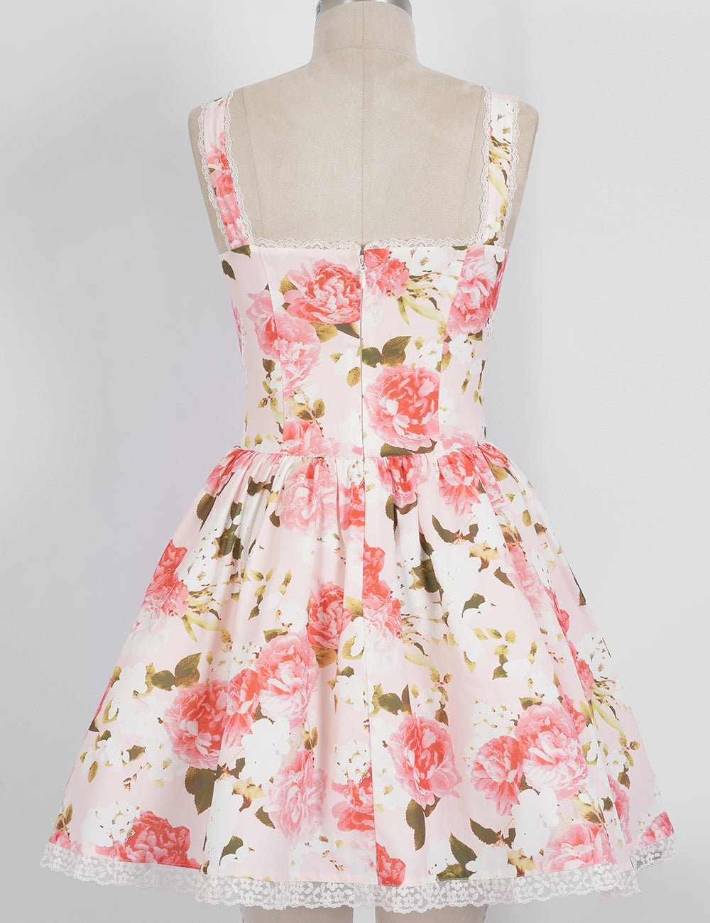 Ladies Lace Trim Floral Print Sweetheart Neck Mini Dress