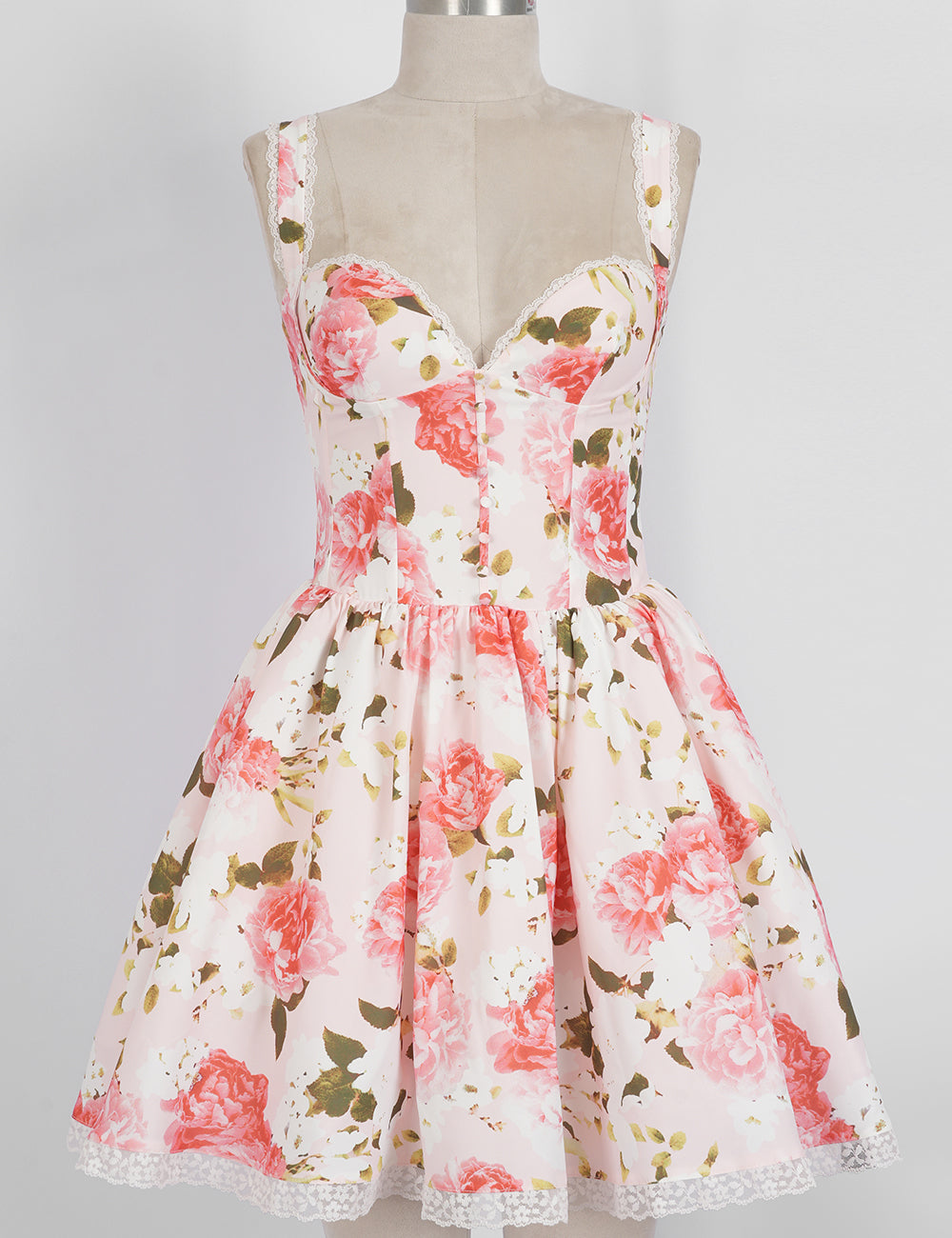 Ladies Lace Trim Floral Print Sweetheart Neck Mini Dress