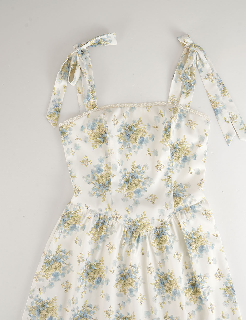 Ladies Floral Print Tie Strap Lace Trim Square Neck Midi Dress