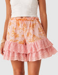 Ladies Floral Print Lace Lettuce Trim Wide Leg Shorts