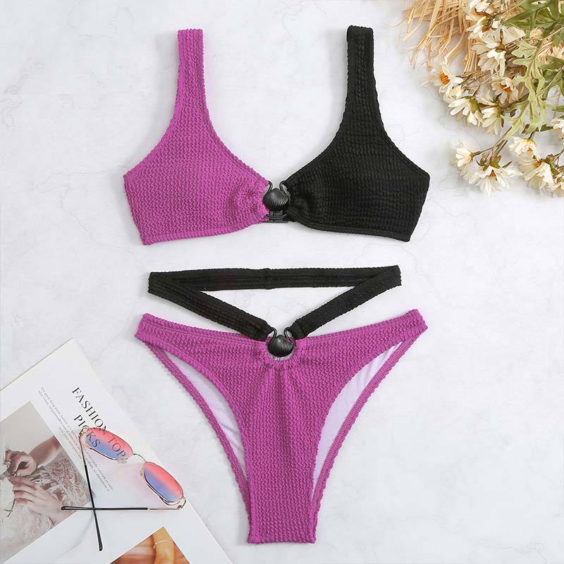 Ladies Color Block Wrinkle Seashell Bikini Set SKSW40125