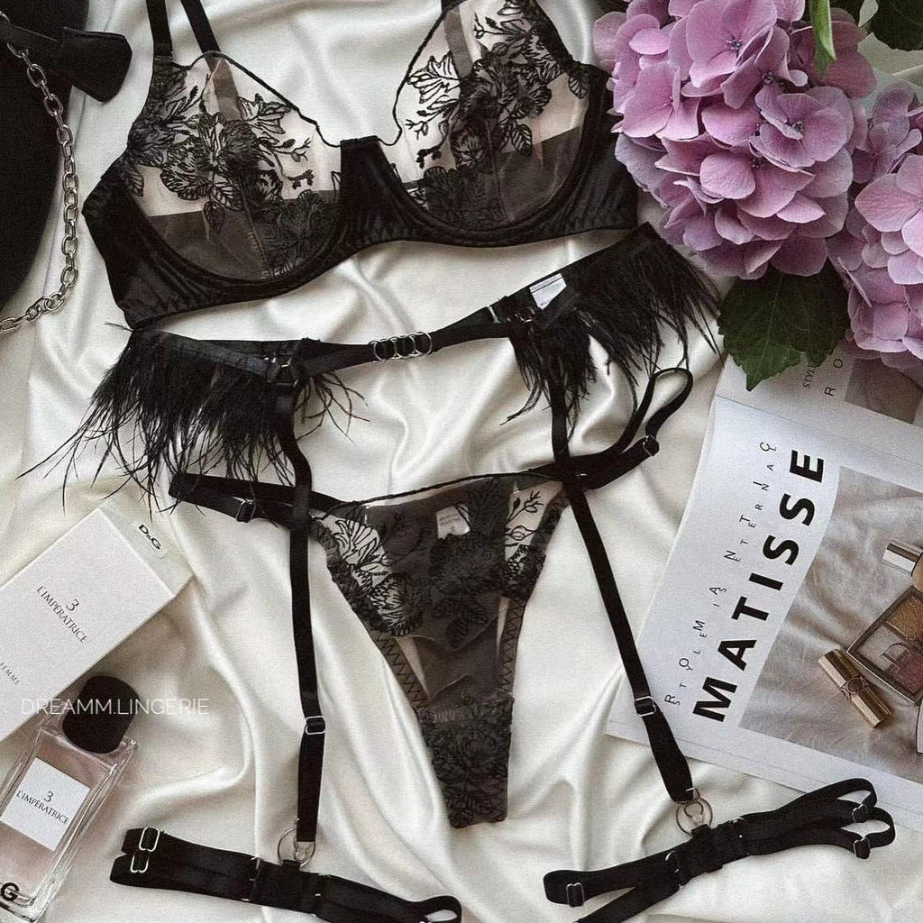 Ladies Color Block Floral Embroidery 3PCS Lingerie Set SKLG4103