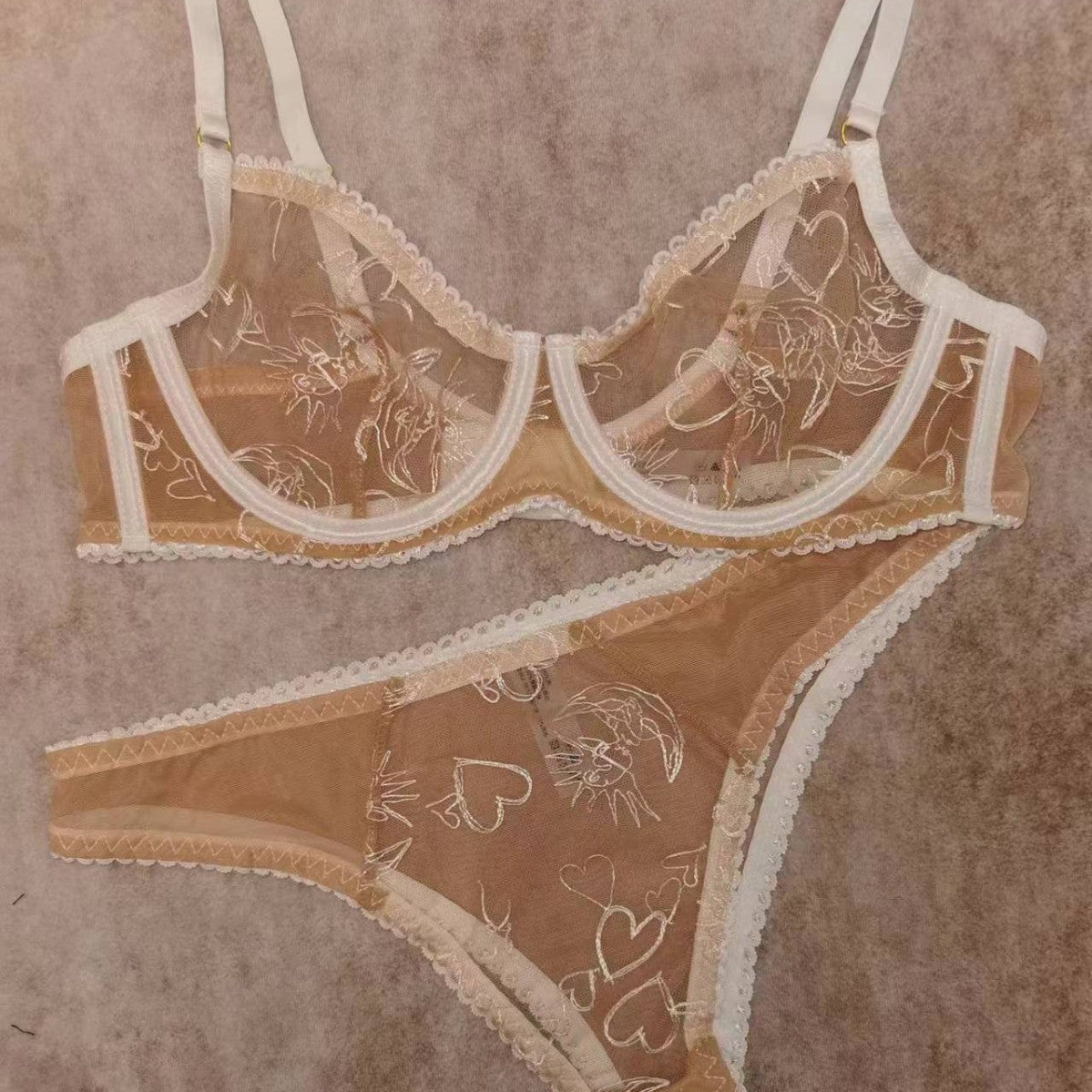 Ladies Color Block Heart Embroidery 2PCS Lingerie Set SKLG4076