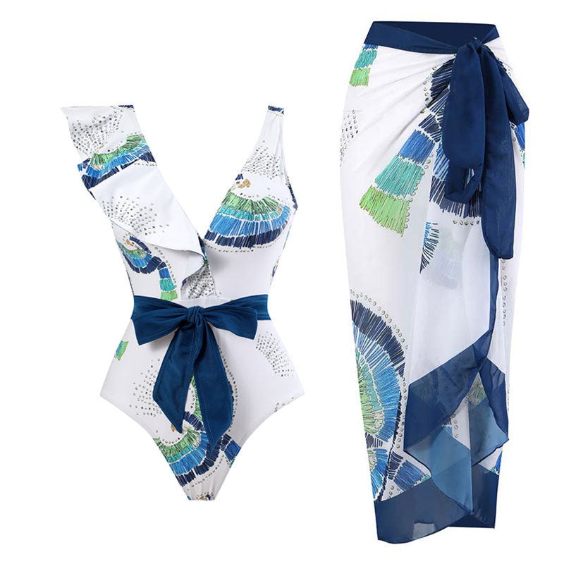 Ruffle Shoulder Waist Tie One Swimwear with Cover SKSW40129