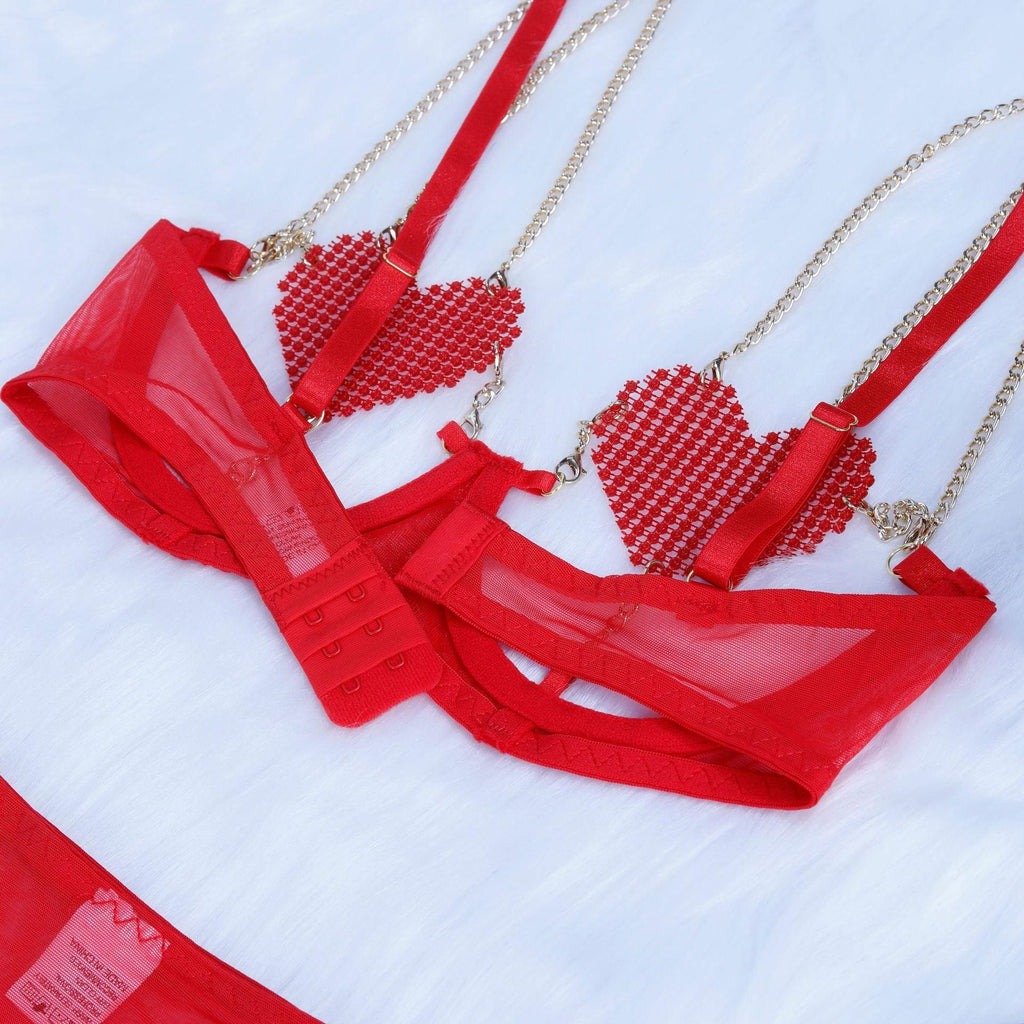 Ladies Heart Shaped Rhinestone 3PCS Lingerie Set SKLG4029
