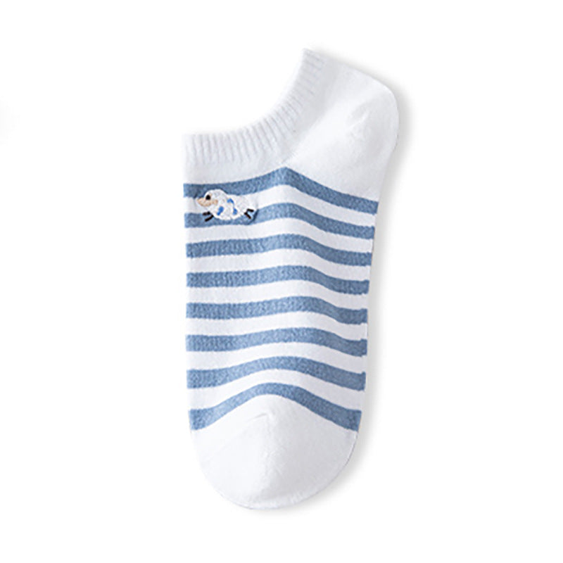 Ladies Embroidery Sheep Striped Knit Boat Socks SKAS50030