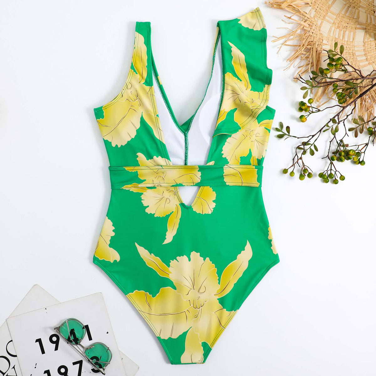 Ruffle Shoulder Waist Tie One Swimwear with Cover SKSW40129