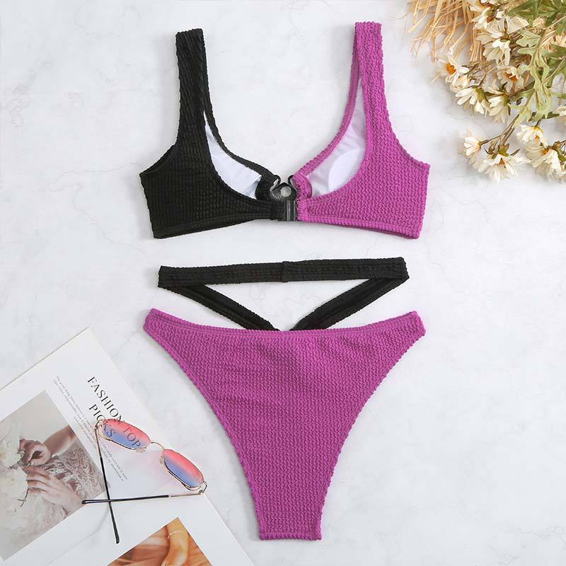 Ladies Color Block Wrinkle Seashell Bikini Set SKSW40125