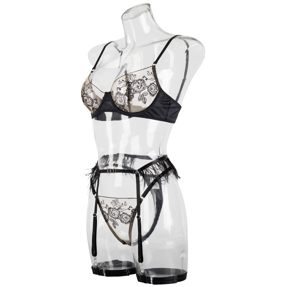 Ladies Color Block Floral Embroidery 3PCS Lingerie Set SKLG4103