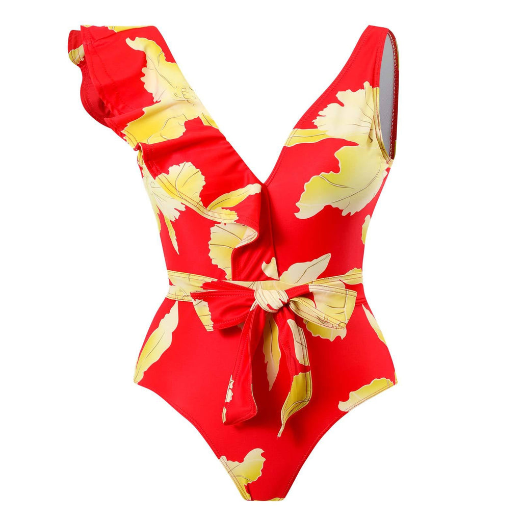 Ruffle Shoulder Waist Tie One Swimwear with Cover SKSW40129