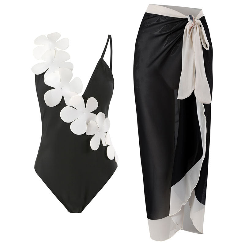 Flower Shoulder One Piece Swimwear 2PCS Set SKSW40141