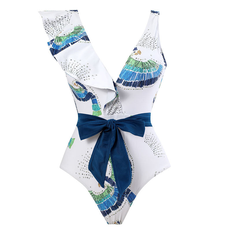 Ruffle Shoulder Waist Tie One Swimwear with Cover SKSW40129