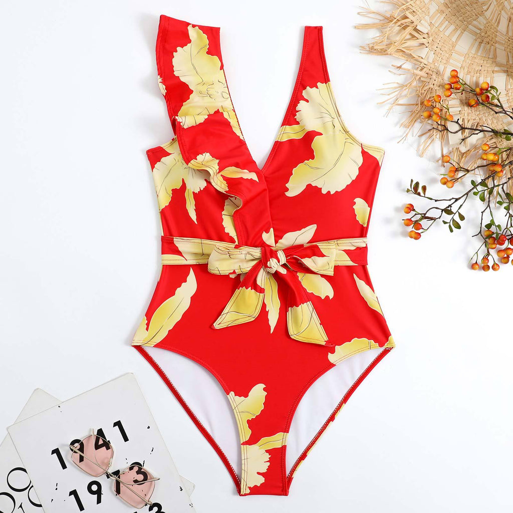 Ruffle Shoulder Waist Tie One Swimwear with Cover SKSW40129