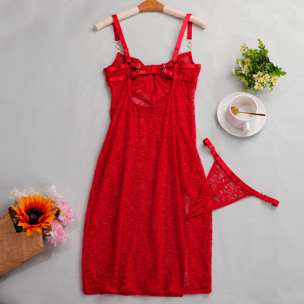 Ladies Floral Lace Side Split Lingerie Chemise Set SKLG4093