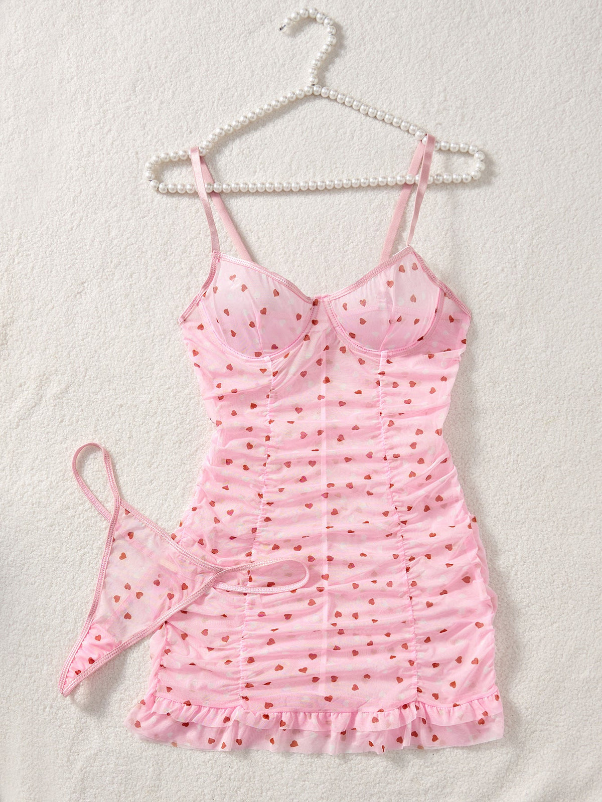 Ladies Heart Print See Through Lingerie Chemise Set SKLG4140