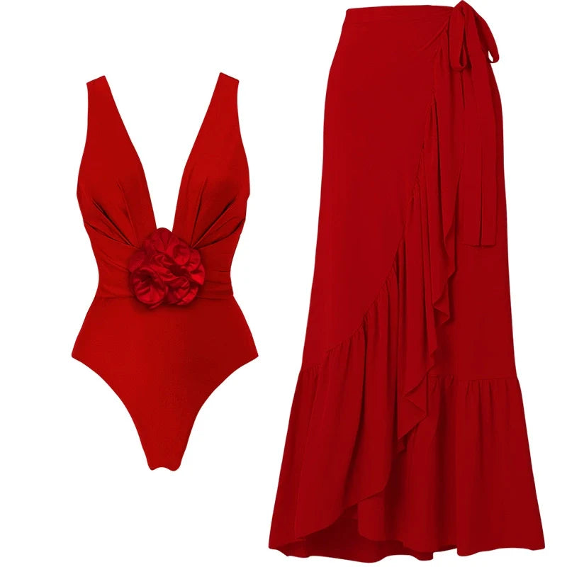 Ladies Deep V Neck Flower Detail Ruffle Swimwear Set
