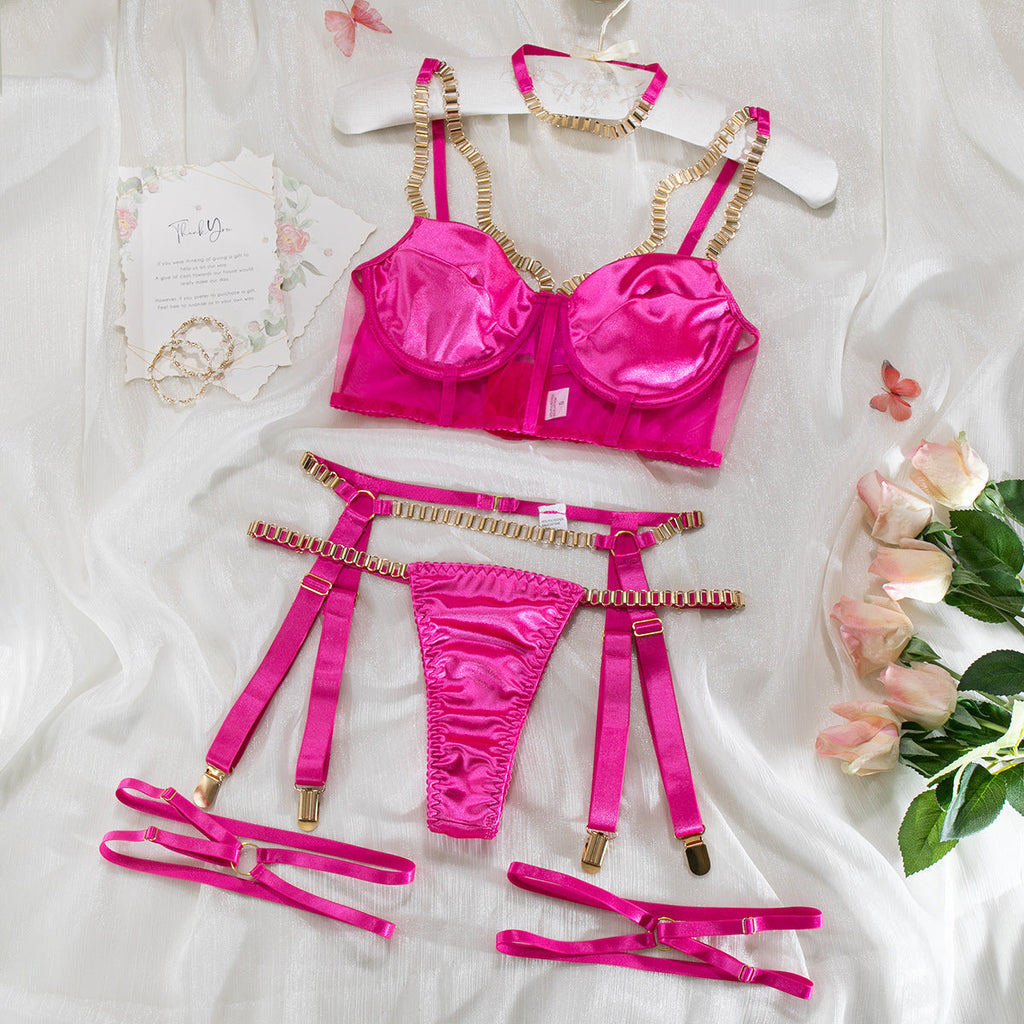 Ladies Golden Chain Solid Color 3PCS Lingerie Set SKLG4080