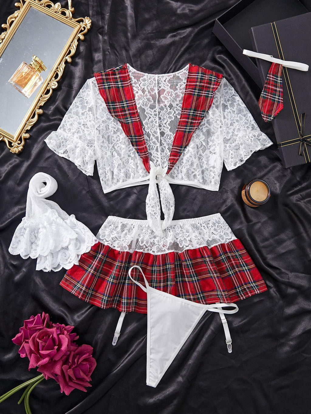 Ladies Costume Lace Crop Top Thong 5PCS Lingerie Set SKLG4010