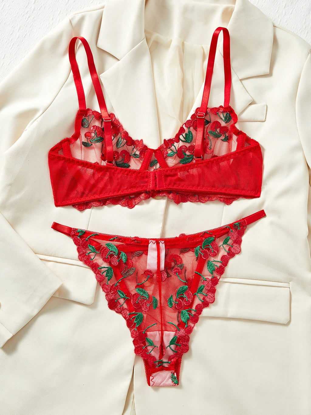 Ladies Cherry Embroidery 2PCS Lingerie Set SKLG4136