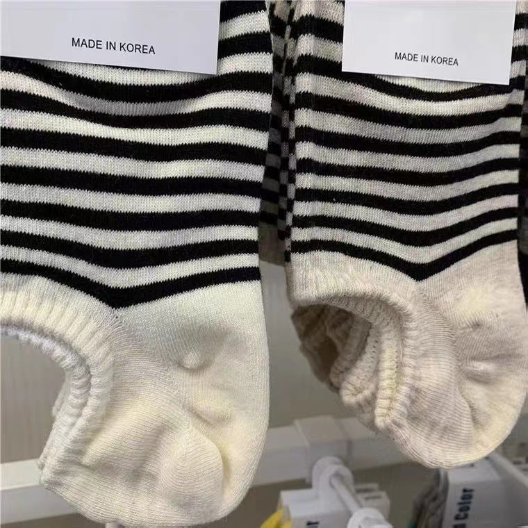 Ladies Black and White Stripe Knit Boat Socks SKAS50007