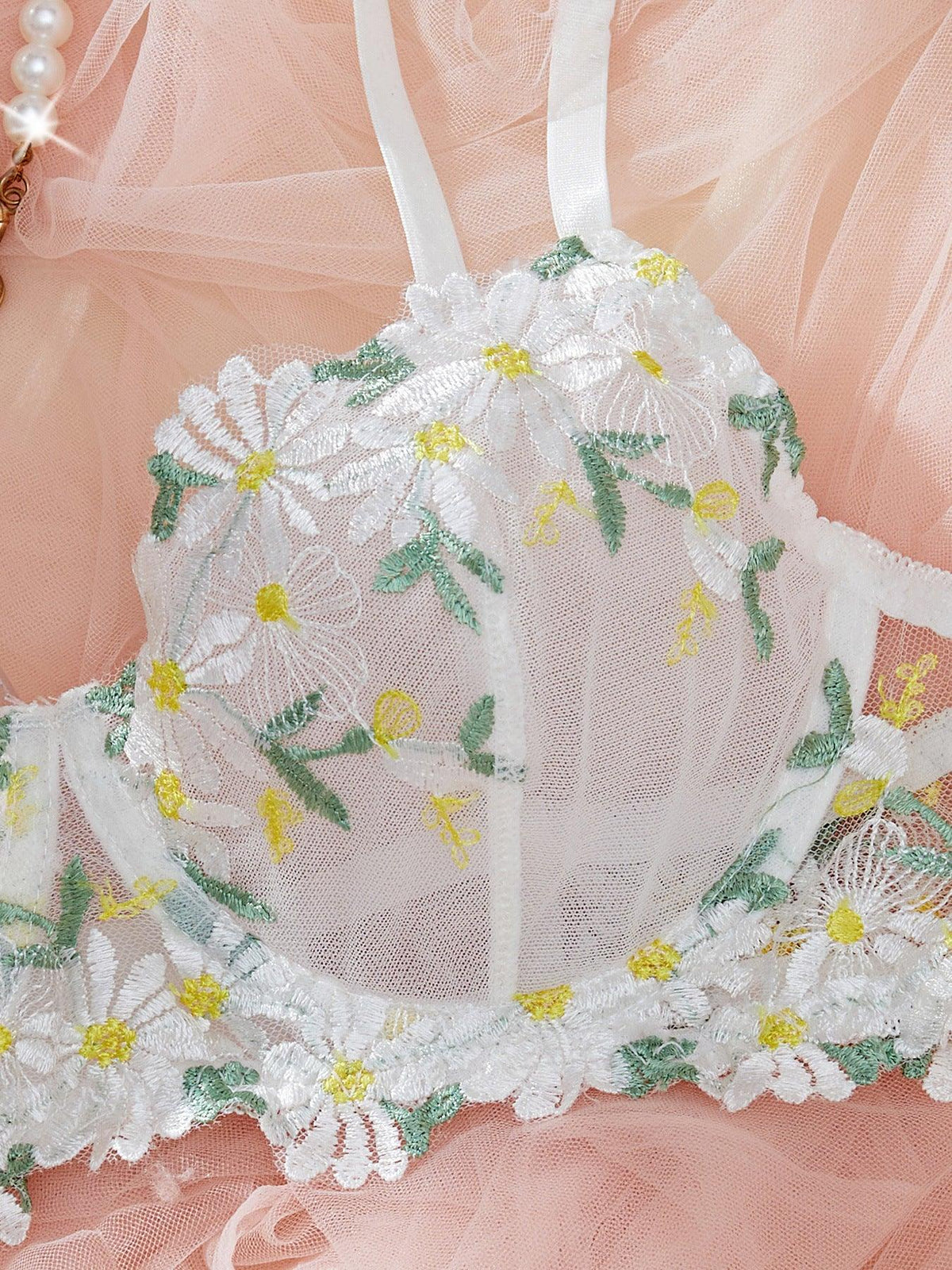 Ladies Embroidery Daisy Bra Thong 2PCS Lingerie Set SKLG4001