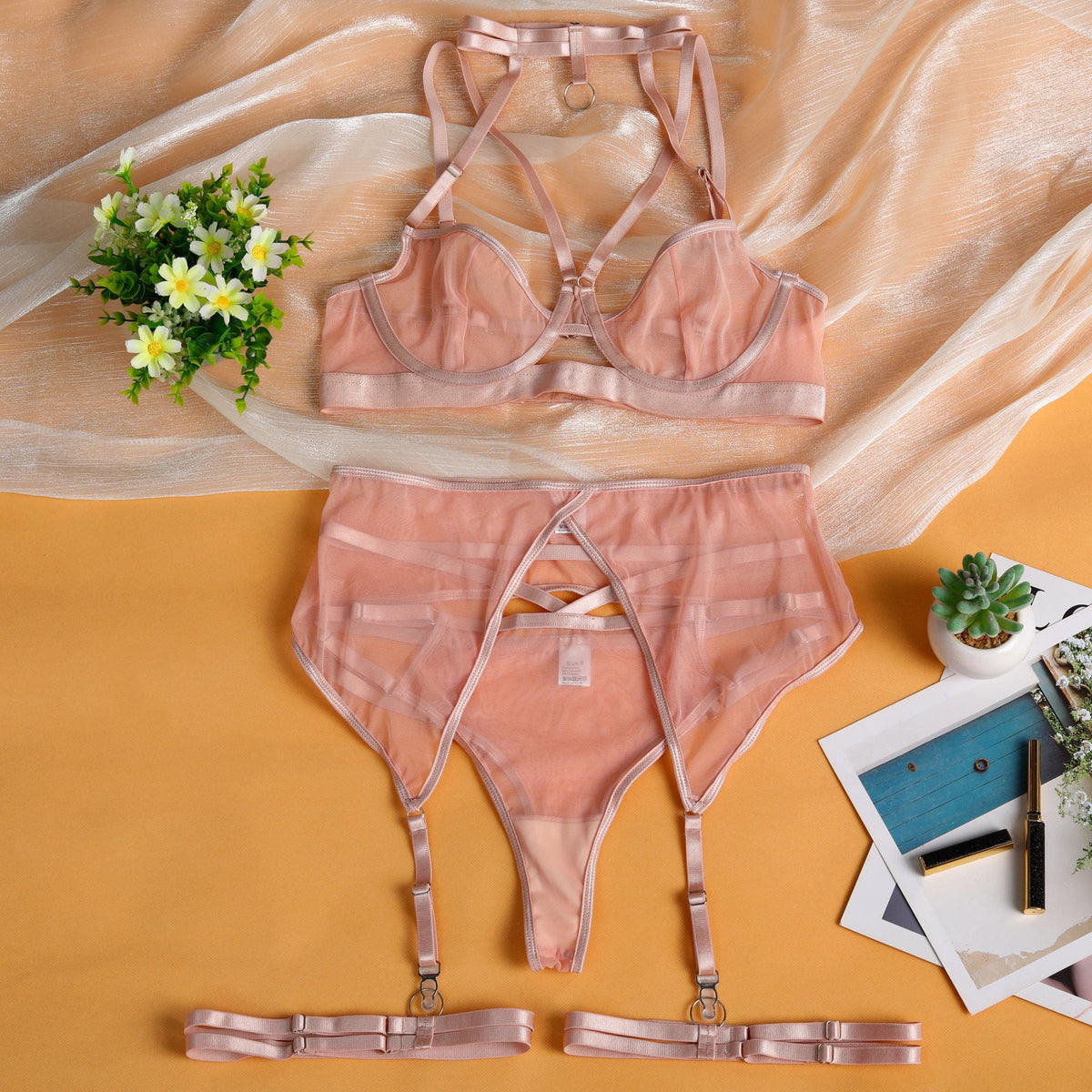 Ladies Solid Color 3PCS Lingerie Set SKLG4090
