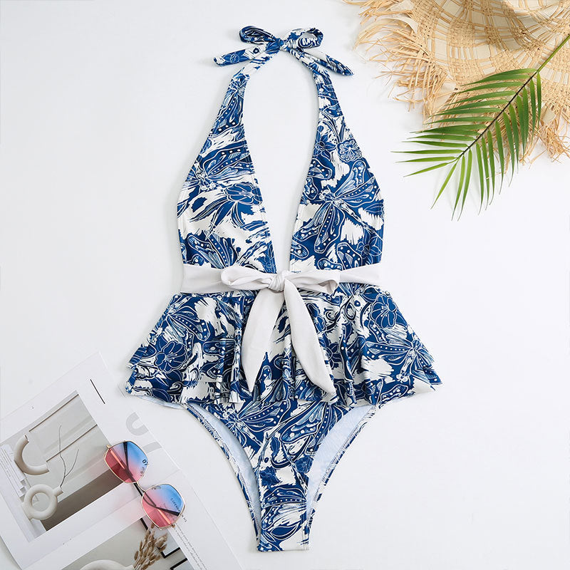 Halter Ruffle One Piece Swimwear with Cover SKSW40140