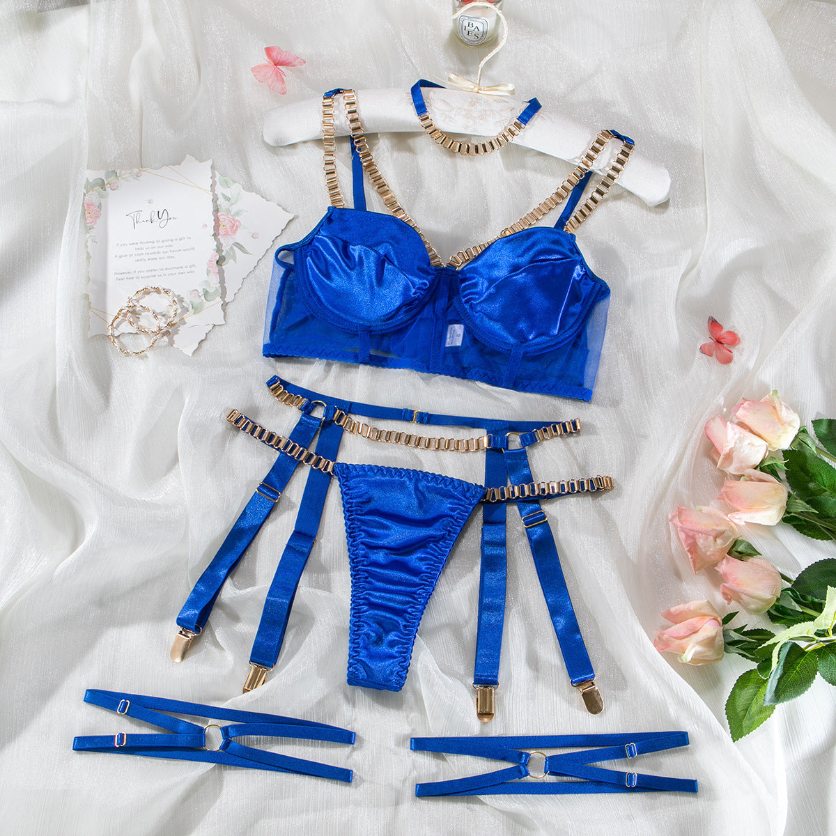 Ladies Golden Chain Solid Color 3PCS Lingerie Set SKLG4080