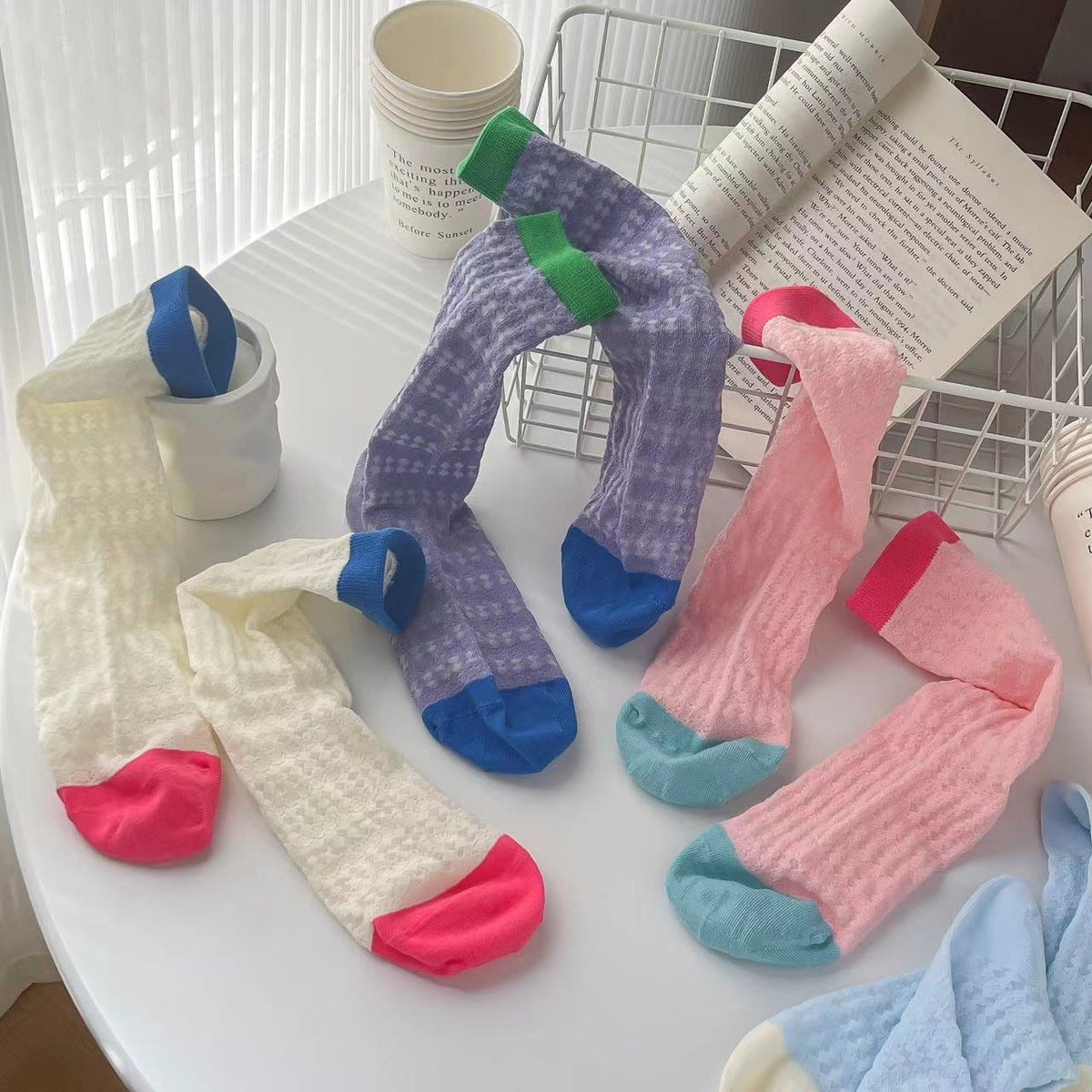 Ladies Hollow Out Color Block Knit Socks SKAS50013