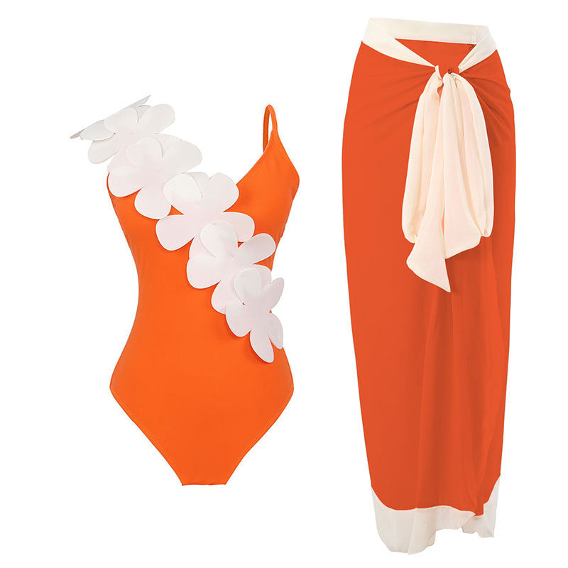 Flower Shoulder One Piece Swimwear 2PCS Set SKSW40141