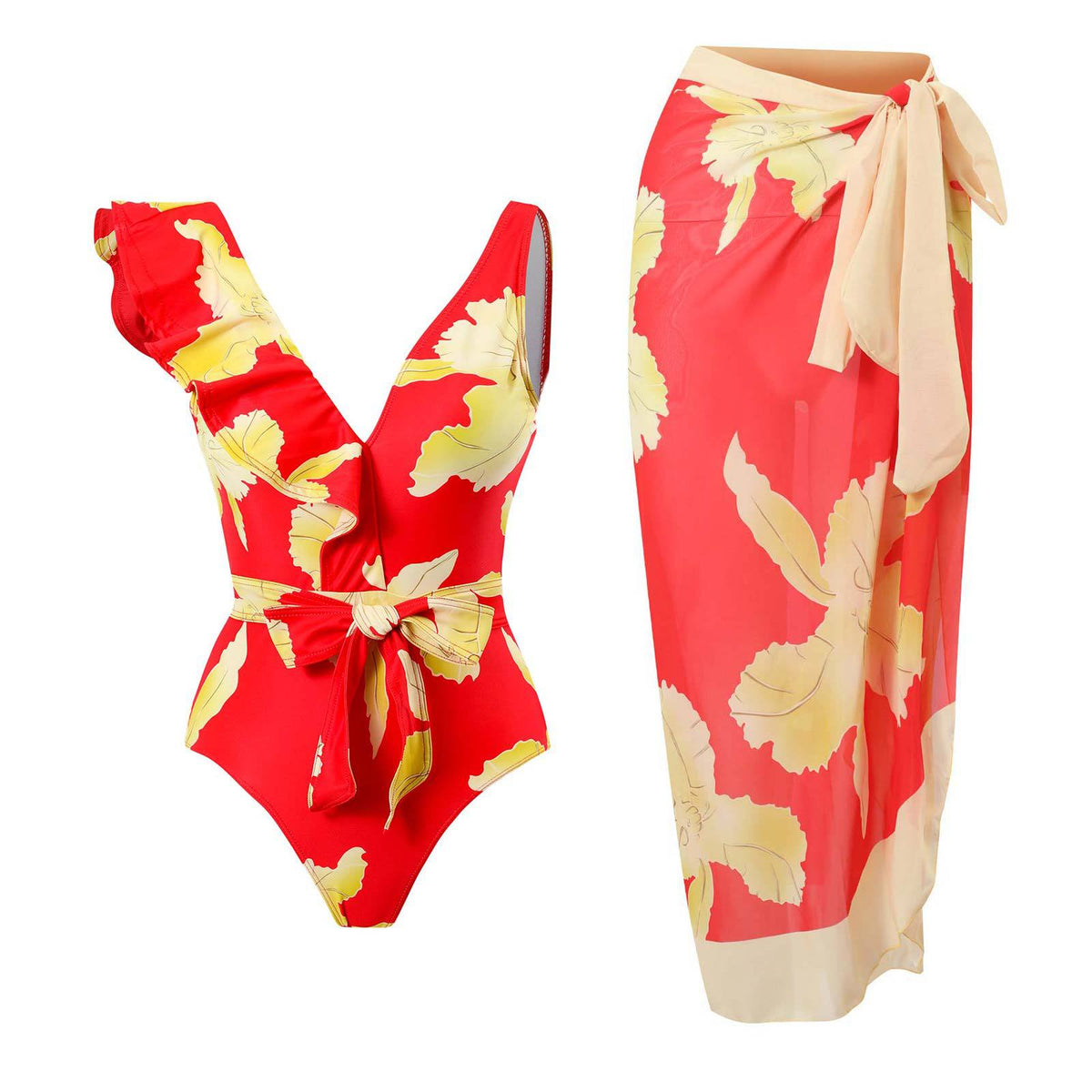 Ruffle Shoulder Waist Tie One Swimwear with Cover SKSW40129