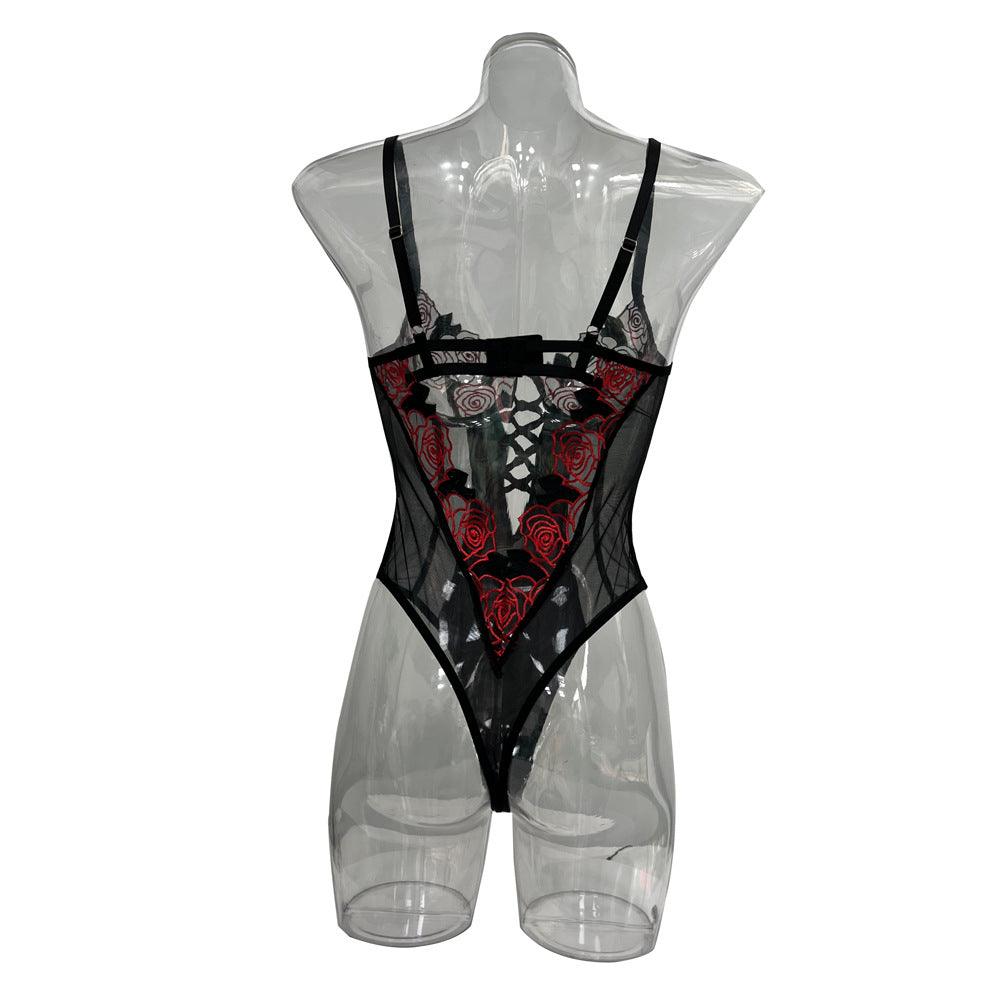 Ladies Floral Embroidery Lingerie See Through Teddy SKLG4028