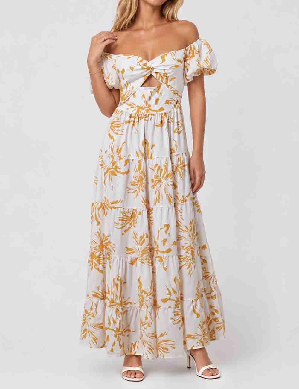 Ladies Bubble Short Sleeves Floral Print Maxi Dress