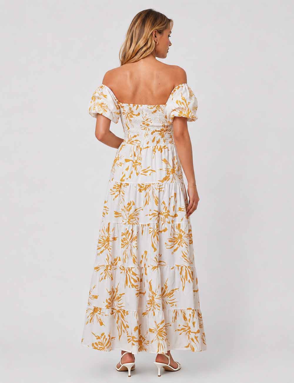 Ladies Bubble Short Sleeves Floral Print Maxi Dress