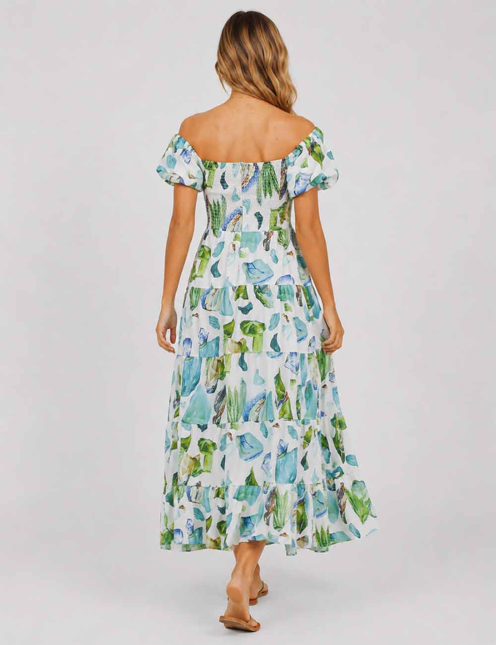Ladies Bubble Short Sleeves Floral Print Maxi Dress