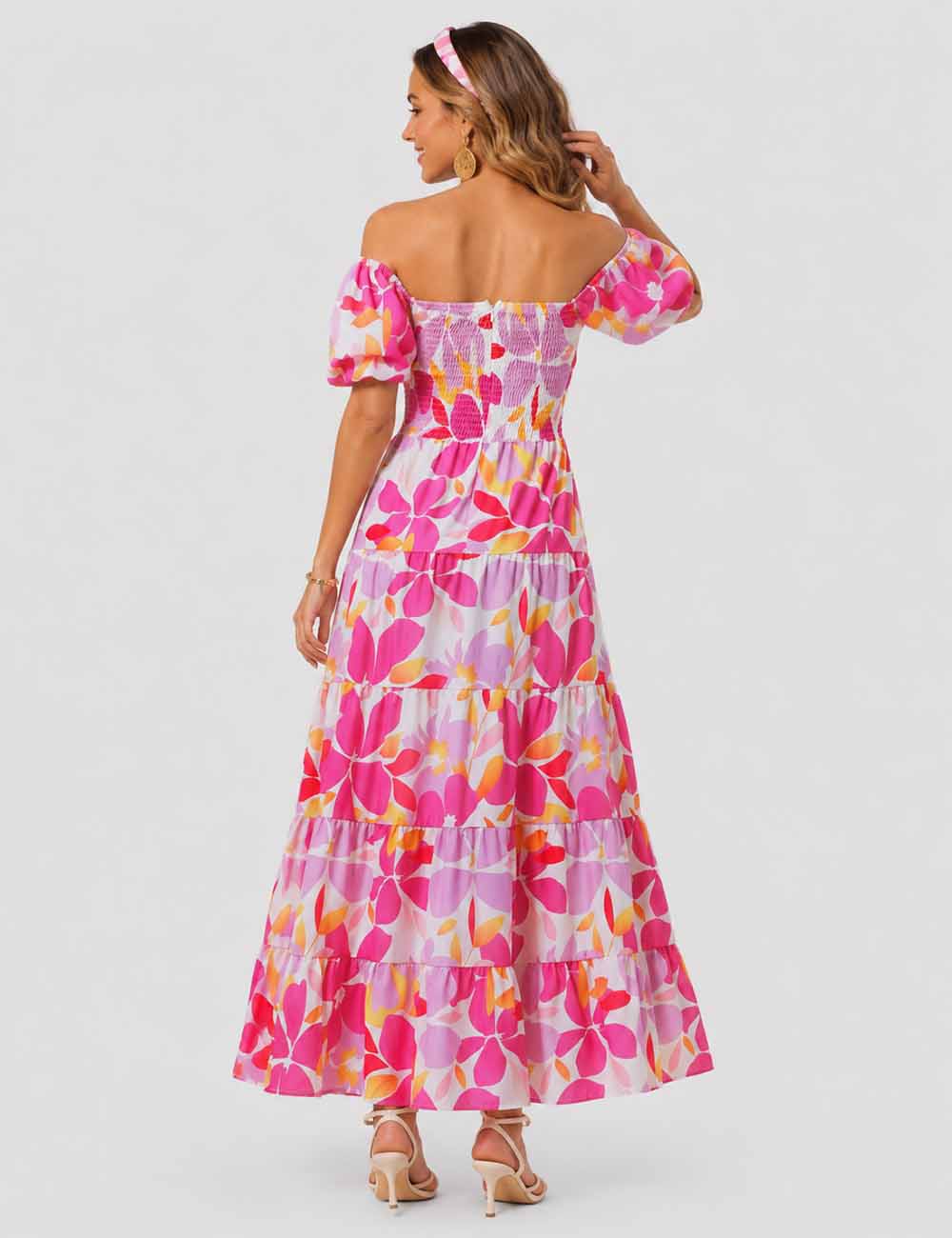 Ladies Bubble Short Sleeves Floral Print Maxi Dress