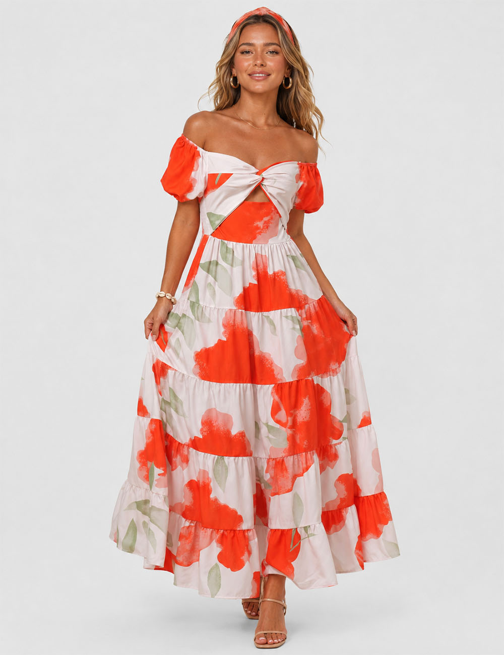 Ladies Bubble Short Sleeves Floral Print Maxi Dress