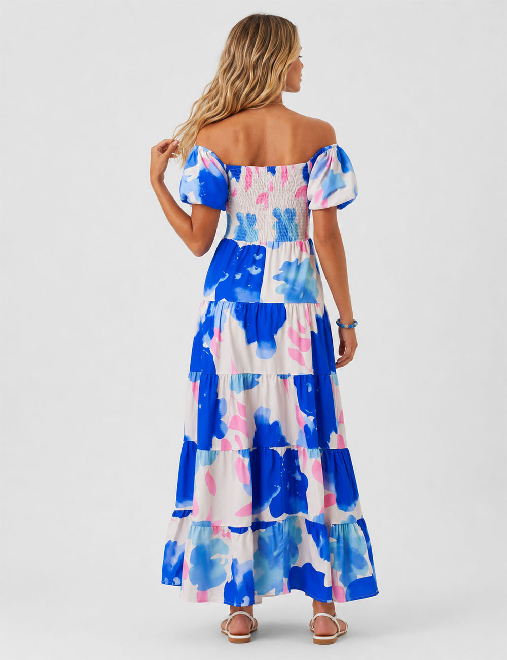 Ladies Bubble Short Sleeves Floral Print Maxi Dress